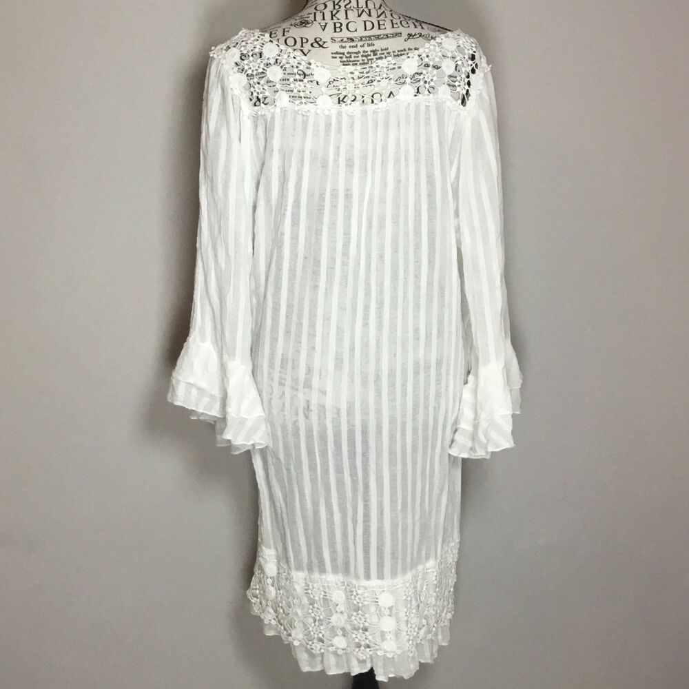 White cotton Victorian tunic dress coverup gauzy ruffle bell sleeve prairie L - Picture 5 of 6
